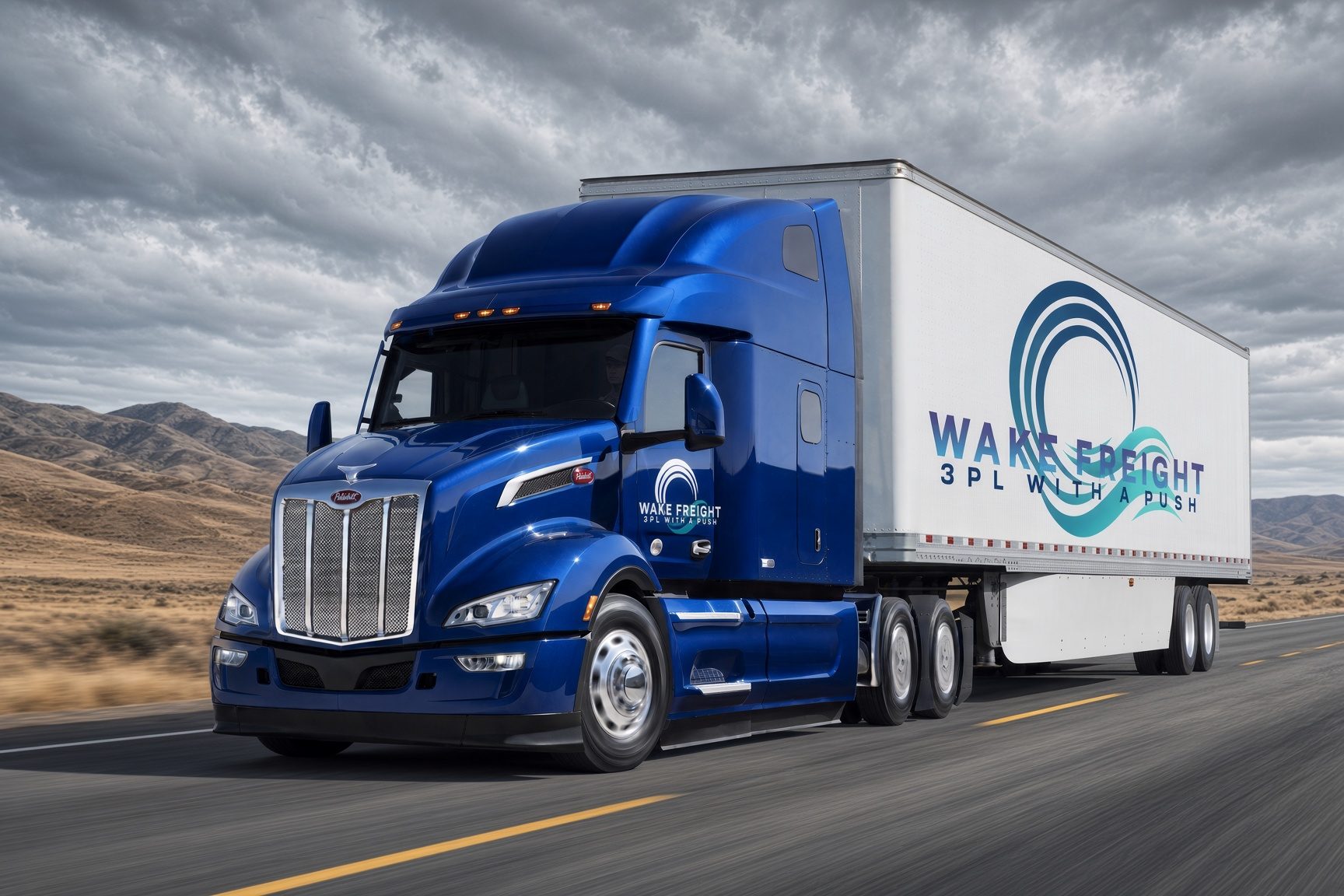 Blue Wake Freight semi truck on a desert highway